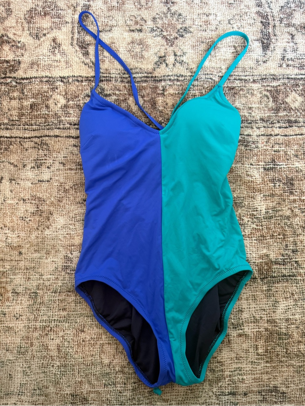 Gap Colorblock Strappy V-Neck One Piece Swimsuit Blue Teal Size Small